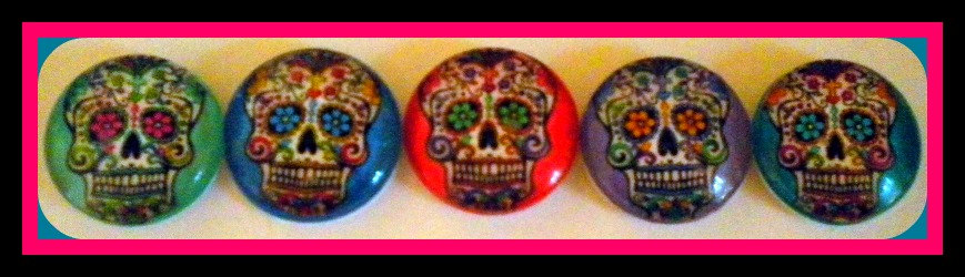 Skulls - Magnet Set Of 5 - Sugar Skulls - 1 Inch Domed Glass Circles