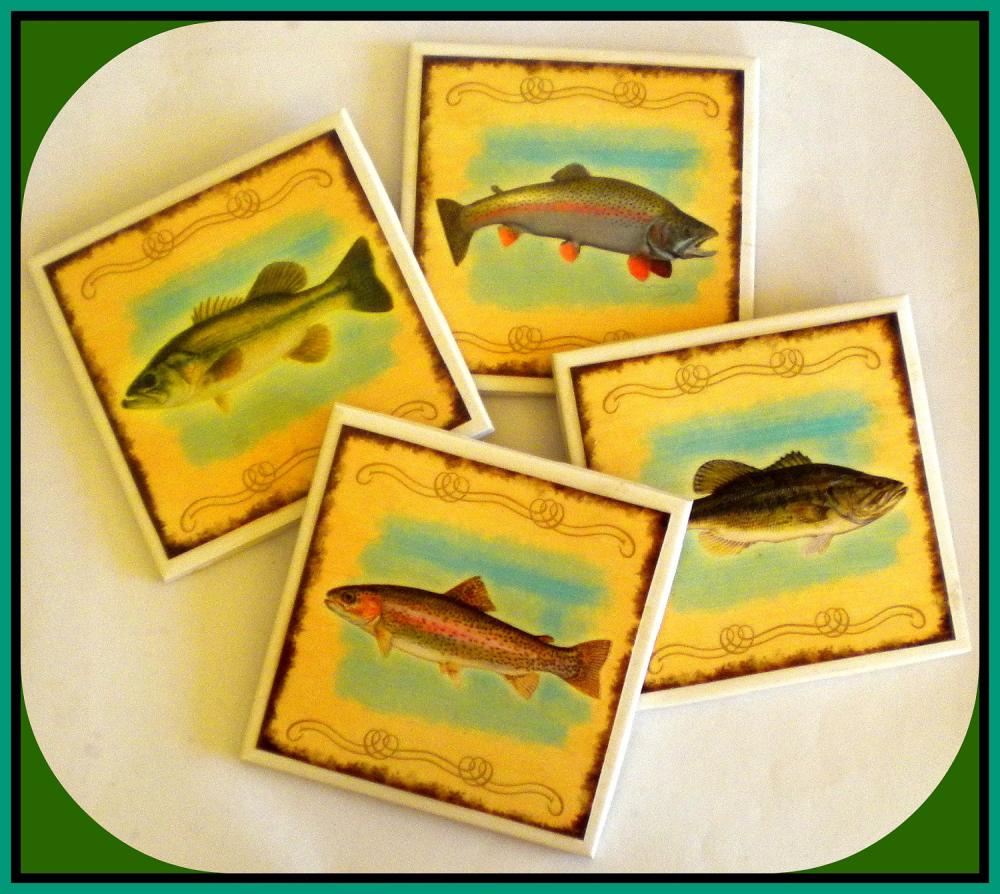 Coasters - Ceramic Tile - Set Of 4 - Fish - Trout And Bass