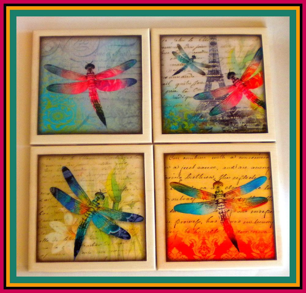 Coasters - Ceramic Tile - Set Of 4 - Dragonflies